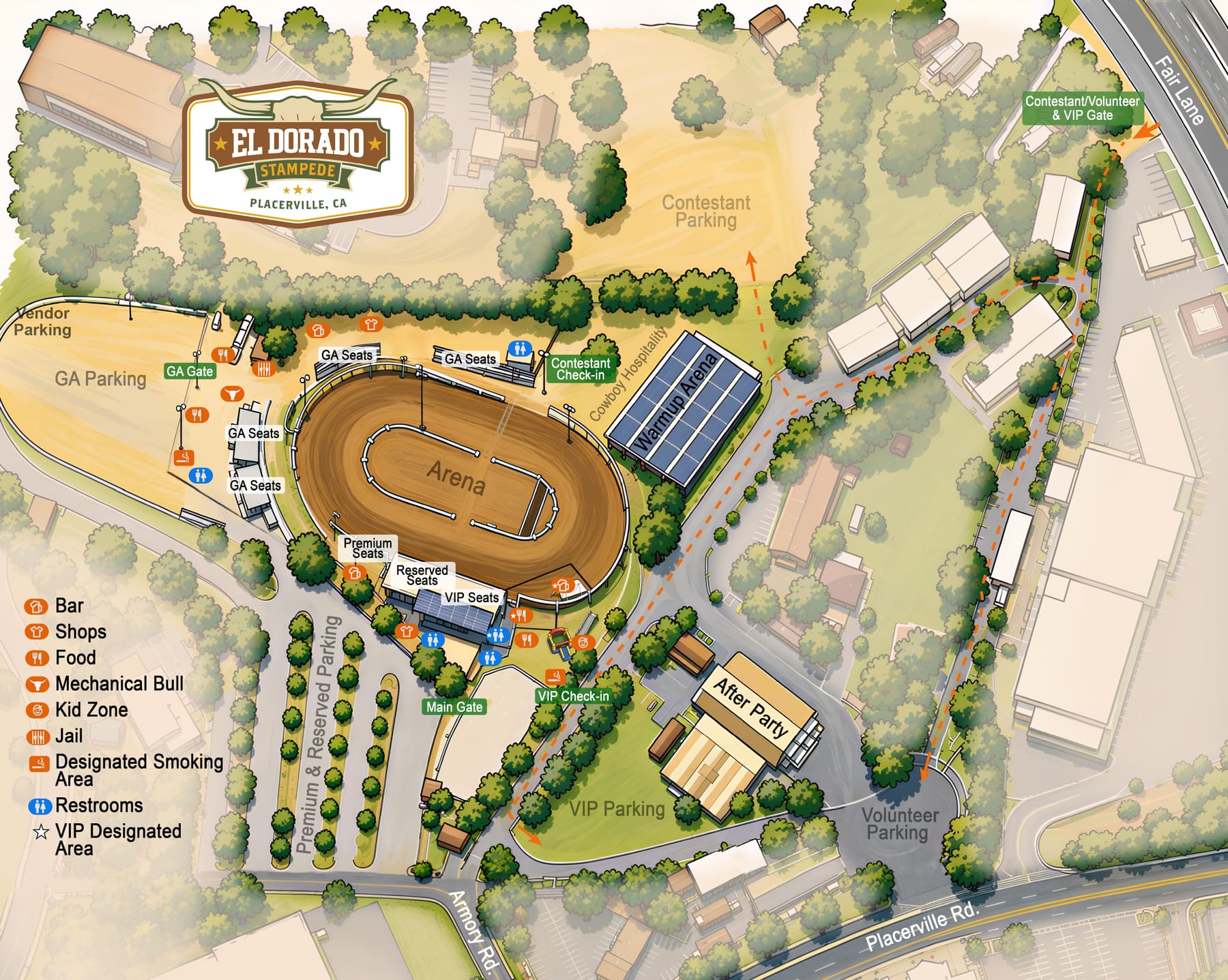 Map of the El Dorado Stampede grounds showing events, activities, food, parking, and vendors